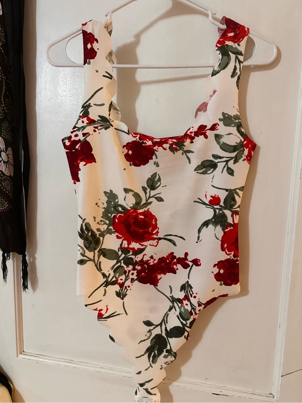 White Scalloped Bodysuit with Red Roses